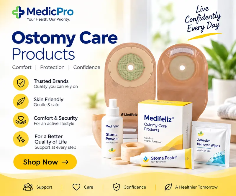 Ostomy care products including ostomy bags and accessories